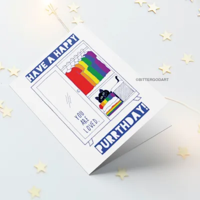 Happy Birthday | Mental Health | LGBTQ Queer Pride Coming out | Rainbow Love | Cat Cute Funny Pun Greeting Card