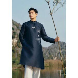 Áo dài Nam chất vải Tafta màu Xanh than thêu họa tiết Hạc vân mây sắc nét - Áo Dài Thiết Kế Linh Sơn
