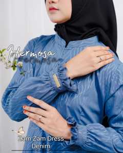 Gamis hermosa wolfis embos motif zamzam denim-gamis biru denim syari premium-gamis idul fitri mewah