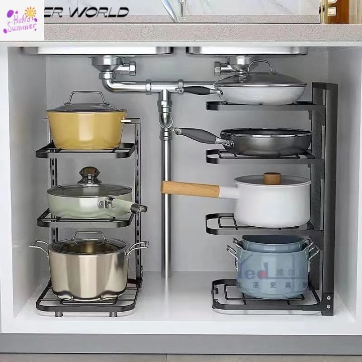 Kitchen Pan Organizer Pot Rack Adjustable Under Sink Countertop  Multipurpose Rack Cookware Pot Racks Lazada PH