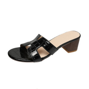 YOTO Korean Heel Sandals For Women H-Shaped Strap Sandals With Crocodile Pattern Leather Slippers