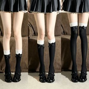 1 Pair Sweet Black/White JK Socks Bow Knot Design Thin Fabric Knee-high Socks Lace Edge Lolita Socks Summer Wea h260729