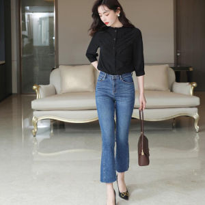 Quần jean nữ ống loe lửng lưng cao co giãn phong cách Hàn Quốc quần bò nữ ống loe cạp cao chất xịn cao cấp CHERRY T025