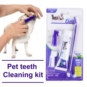 Pet Toothpaste Toothbrush Set 4 in 1 Oral Care Kit Dog Cat Dental Cleaning Teeth Cleaner Tartar Remover Fresh Breath Dental Care Supplies for Dogs and Cats