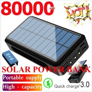 80000mAh Solar Power Bank Wireless Portable Charger with 4 USB Ports and LED Light for All Mobile Phones