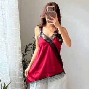 ZEALO Micah Lace Spaghetti Adjustable Strap Slit Cami Top - Silk Satin