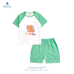 Bộ cộc tay cài chéo BENTY BT010 in hình Bear chất mềm mịn quần áo bé trai bé gái cao cấp