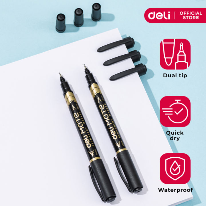 Deli Writing Instruments Deli Writing Instrument- Dual Tip Permanent Marker Black EU10420 12pcs ...