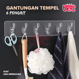 [BEC] Gantungan Cantolan Hook Tempel Dinding Tembok Transparan Kuat Multifungsi Serbaguna Dengan 6 Pengait