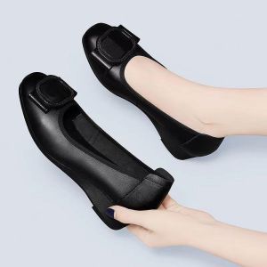 Free Shipping Soft Leather Comfortable Shallow-Toe Wedge-Heel Flats For Women 2026 Spring/Autumn New Collection Mid-Heel Soft-Soled Soft Leather Mom Shoes