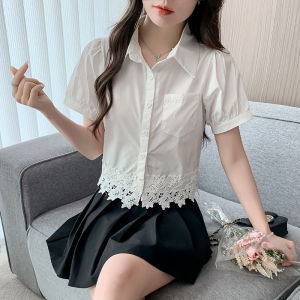 YIMEI แฟชั่นฝรั่งเศสแบบใหม่สำหรับฤดูร้อน2025เสื้อลูกไม้ปักเสื้อเชิ้ตมีปกสั้นเสื้อผู้หญิงอารมณ์แขนสั้นเดินทาง