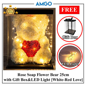 AMGO25cm Lovely Big Rose Soap Flower Bear With LED Light Toys Ornaments Gifts for Valentiness Day (White)