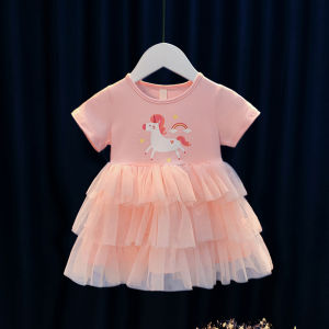 Girl Dress Mesh Cartoon Unicorn Rainbow Short Sleeve Round Neck Baby Girl Clothes Summer A-line Princess Dresses
