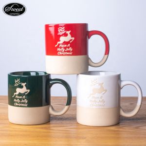 ชุดแก้วน้ำชาซานต้าน่ารักสร้างสรรค์ แก้วเซรามิกสีขาว แก้วกาแฟแบบไม่เคลือบ แก้วคริสต์มาสพร้อมกล่องของขวัญ