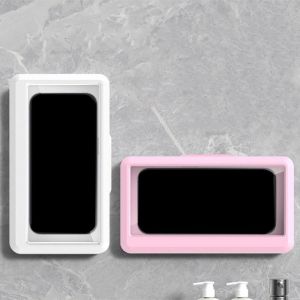 ZYJC กาวในตัว กล่องโทรศัพท์มือถือในห้องน้ำ อุปกรณ์ติดผนัง หมุนได้360 ° เคสโทรศัพท์อาบน้ำ สากลสากลสากล กันน้ำกันน้ำได้ ที่วางโทรศัพท์ในห้องอาบน้ำ สำหรับบ้าน