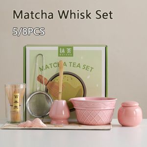 LIAOYING 2/5/8PCS Ceramic Matcha Whisk Set Ice Cream Gradient Color Matcha Bowl  Reusable Matcha Whisk Holder Tea Lovers