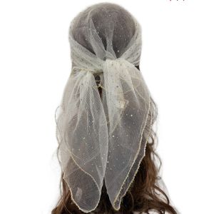 GENENIC Sparkle Hotfix Rhinestone Square Scarf Thin Sequin Mesh Bandana Luxury Solid Color Glitter Veil Turban Women Fashion