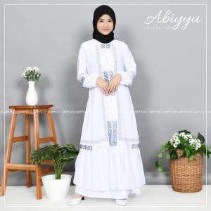 Abiyyuco TA9053A | Abaya Turki Hitam dan Putih Anak Perempuan Baju Gamis Turkey Remaja Tanggung Bahan Jersey mix Ceruty Dengan Mote Dan Bordir Mewah