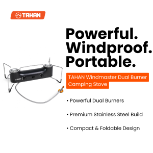 TAHAN Windmaster Dual Burner Stainless Steel Camping Stove Gas | Portable Double Burner Outdoor Gas Cooker | Foldable Windproof Stove for Camping Hiking BBQ & Outdoor Cooking