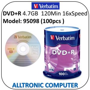 DVD+R Verbatim 4.7GB 16x Speed 120 Min 100pcs/pack P/N: 95098 Made in Taiwan