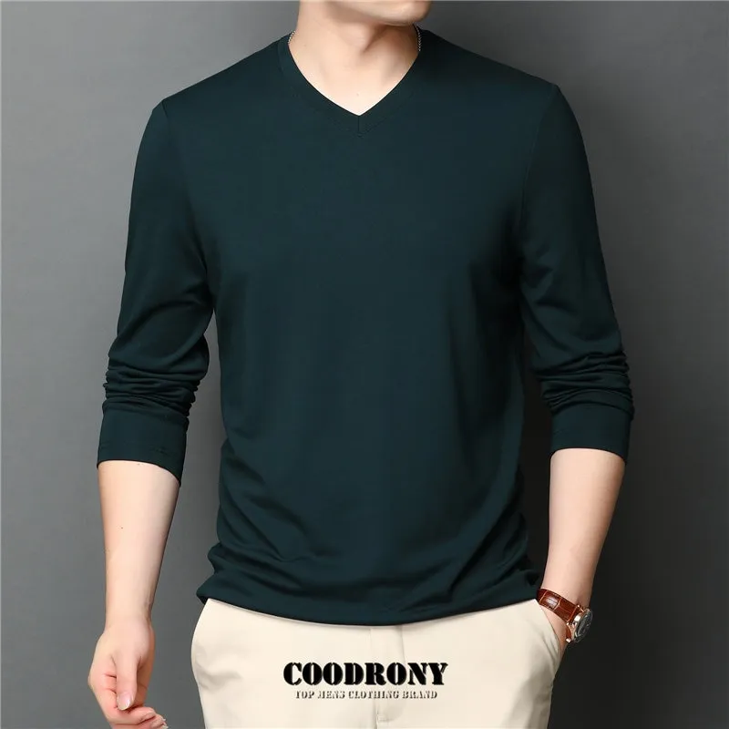 T-Shirt Men Clothes Spring Autumn T Shirt for Men Pure Color Casual Long  Sleeve Cotton V-Neck Pullover Loose New Quality Tee Shirt Homme Top NEW