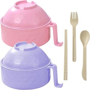 2 Pack Microwave Ramen BowlRamen Bowl SetRamen Bowl With Chopsticks and Spoon College Dorm Room Essentials for Girls for Boys Apartment Essentials BPA-Free(Beige Beige)