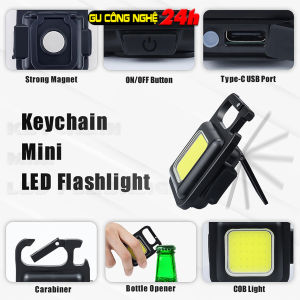 Đèn Pin Led Mini Siêu Sáng COB - Đèn Pin Móc Khóa Dùng Mở Nắp Chai Đa Năng Tích điện và Nhấp Nháy - Sạc Usb