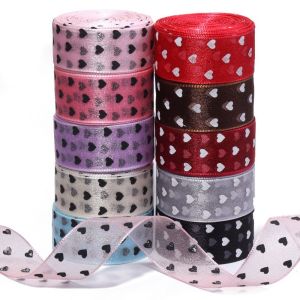 SEEDING Polyester Material Heart Ribbon Soft Heart Print Hair Accessory Apparel Supply Sheer Organza Organza Tape Hair Ornament