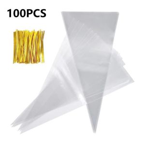 100Pcs Cone Bag Candy Bag Clear OPP Plastic Triangle Pouch For Cookies Popcorn Storage And Handmade Treat Packaging