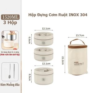 Hộp Cơm Inox 304 BỘ 3 Hộp 1520ml Giữ Nhiệt | Hộp Cơm Văn Phòng Kèm Túi Muỗng Đũa