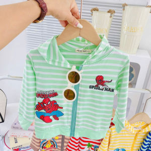 KIM043 Áo khoác thun lạnh (9-31kg) sọc dệt vải mềm mịn phối tai bảo vệ bé khỏi bụi nắng bé trai bé gái