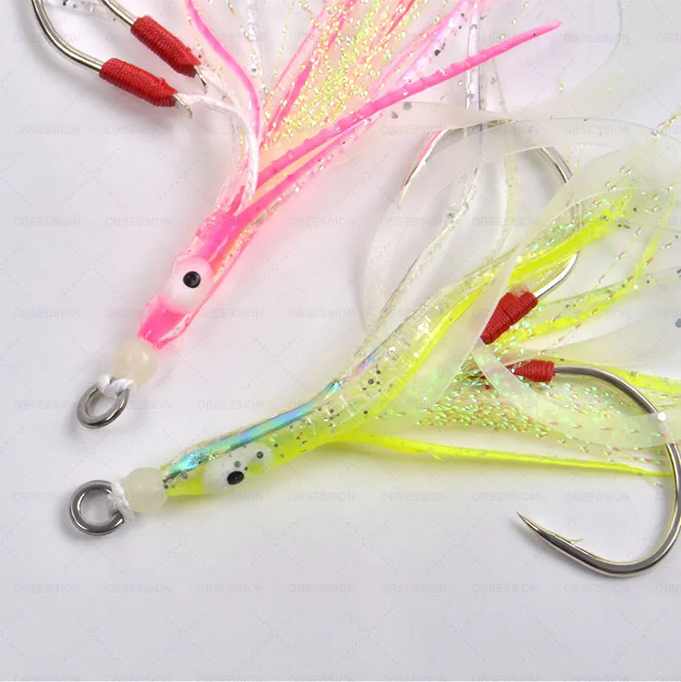 OBSESSION 2 pairs/bag Soft Silicone Squid Skirt Lure Slow Jigging Assist  Hook Luminous Trolling Jig Bait Saltwater Deep Sea Fishing Accessories  HK018