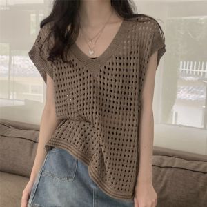 CICI คอวีแบบสั้น เสื้อยืดถักกลวงออก ขนาดใหญ่สุดไซต์ หลวมหลวมๆ เสื้อสเวตเตอร์ถักชายหาด แฟชั่นสำหรับผู้หญิง ตาข่ายจับปลา สำหรับผู้หญิง