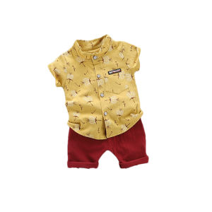 setelan baju anak laki usia 0-4 tahun kemeja print dandelion dengan lengan pendek Celana Pendek Kasual Warna Solid Musim Panas Anak Laki-laki Fashion Set
