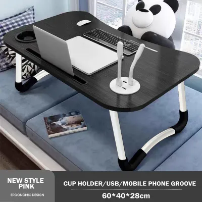 Foldable Bed Table Study Desk Lazy Table Portable Laptop Table Wooden with USB Lamp& Small Fan