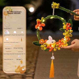 FOUNDTWO Luminous Bunny Wreath Lantern Handmade Glowing Chenille Stems Craft Handheld Light Easy-to-Make Rabbit Hoop Lamp Mid-Autumn Festival