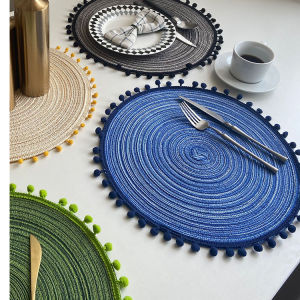 Round Braided Placemat 15 Inch Set of 6 Pompom Round Table Mat for Dining Tables Natural Woven Heat Resistant Place mats