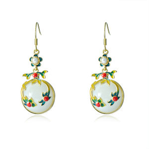 Kemstone S925 Silver Post White Jade Earrings Drop Vintage Court Style Jewelry for Women