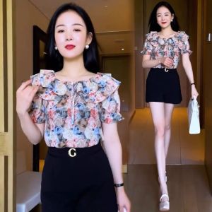 Off Shoulder Lotus Leaf Edge Flower Chiffon Shirt for Women 2023 New Summer Fashionable Age Reducing Slim Fit Short Sleeve Top