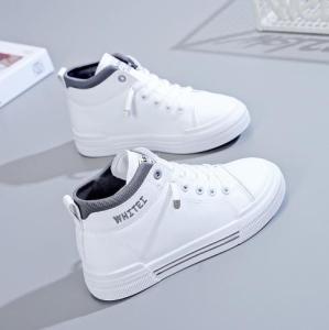 White Sneakers Shoes Women Korean Style Leather Casual High Tops Shoes 2022 New Original Lace Up Lad