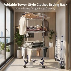 Folding Drying Rack Collapsible Indoor and Outdoors Laundry Rack 3 Tier Clothes Horses Rack Movable Drying Rack with 4 castors