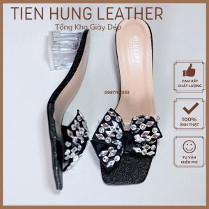 Sandal cao gót thắt nơ đính đá thời trang dép guốc gót mê ca cao 5cm Tiến Hùng TH1005