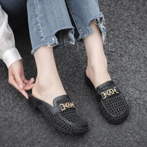 [Free Shipping] Fashionable closed-toe slippers hollow and breathable niche womens shoes 2025 new summer non-slip thick-soled half-slippers womens sandals