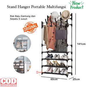 ( BISA COD ) PROMO RAK BAJU GANTUNG DAN RAK SEPATU 5 SUSUN / LEMARI PENYIMPANAN MULTIFUNGSI / STAND HANGER PORTABLE / LEMARI SEPATU / LEMARI BAJU / STAND HANGER