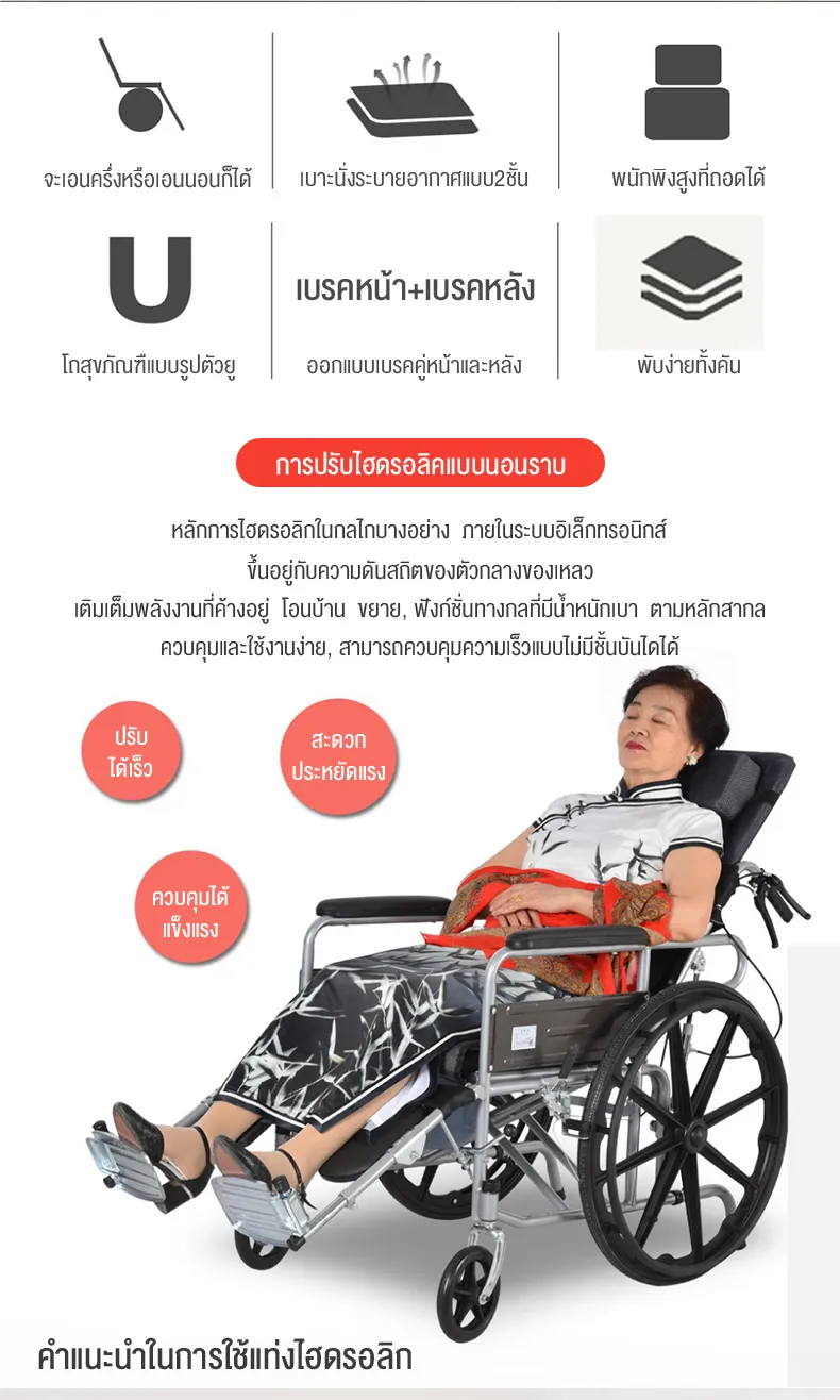 HIMIWAY รถเข็นผู้ป่วย รถเข็นผู้สูงอายุ วีลแชร์เป็นอัมพาตพับเบาพิเศษเข็มขัดดูแลขนาดเล็กโถสุขภัณฑ์มัลติฟังก์ชั่ รถเข็นสามารถเป็นได้6ระดับ ปรับรถเข็นรถเข็น วีลแชร์พับได้