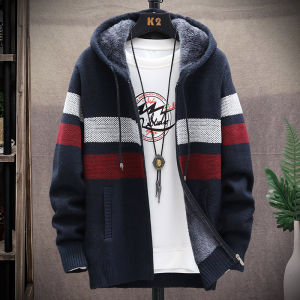 Mens Fleece Cardigan Hooded Jacket Winter Sweater Jumper Zip Knitwear Fashion Striped Thick Warm Sweaters Coat Man Clothes