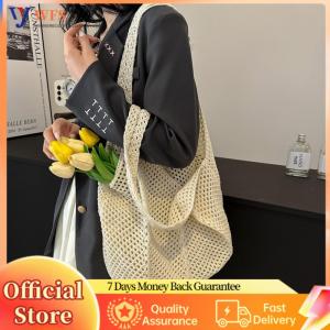 【Flagship】Women Crochet Tote Bag Mesh Beach Bag Large Capacity Woven Shoulder Bag Solid Color Casual Handbag Vintage Vacation Bag