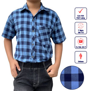 Sơ mi trẻ em tay ngắn đủ size lớn từ 43kg đến 60kg phong cách thời trang với màu áo caro xanh biển phù hợp đi chơi du lịch CXB04