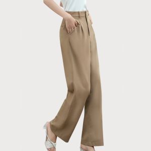 Muuv High Waisted Straight Cut Golden Brown Pants Women Korean Size Button Suit Long Pants Elastic Casual Trousers