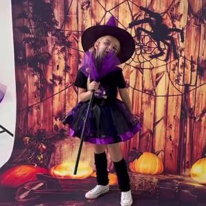 Halloween childrens costume printed mesh fabric tutu Witch hat broom tutu skirt set for girls short skirt